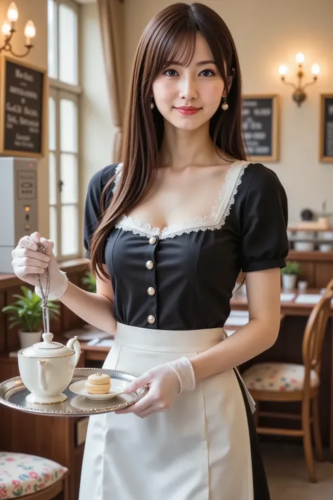 firm and big breasts, cleavage, A realistic photographic composition framed from just below the shoulders of a female server standing in a maid café interior, ensuring her entire head is fully visible within the frame without any cropping. She holds a polished round silver serving tray with porcelain teacups, a teapot, and a plate of macarons balanced on her gloved left hand. The subject wears a tailored black cotton blend dress with a square neckline trimmed with white lace, short puffed sleeves edged with lace, and a line of small fabric-covered buttons down the front. A crisp white apron with frilled straps crosses at the back and ties in a bow at the waist, its skirt portion falling just below the bottom of the frame. A detachable lace collar fastened by a pearl button rests at the nape, and white latex gloves cover her hands. Warm ambient lighting from vintage chandeliers and wall sconces casts gentle highlights on ceramic and fabric surfaces. Behind her, the café background features pastel walls adorned with framed chalkboard menus in elegant script, wooden tables and chairs with floral seat cushions, glass display cases with colorful pastries, decorative fabric bunting strung from ceiling beams, a vintage cash register on a wooden counter, small potted plants on shelves, and lace curtains at windows, all softly blurred by a shallow depth of field created with an 85 mm equivalent prime lens at f/2.2 on a full-frame sensor, producing smooth circular bokeh. The décor blends Victorian-inspired ornamentation and modern cozy accents. The color balance is neutral with accurate white point calibration, faithfully rendering black, white, and pastel tones while preserving natural skin tones and metallic tray sheen. just below the shoulders