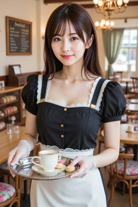 firm and big breasts, cleavage, A realistic photographic composition framed from just below the shoulders of a female server standing in a maid café interior, ensuring her entire head is fully visible within the frame without any cropping. She holds a polished round silver serving tray with porcelain teacups, a teapot, and a plate of macarons balanced on her gloved left hand. The subject wears a tailored black cotton blend dress with a square neckline trimmed with white lace, short puffed sleeves edged with lace, and a line of small fabric-covered buttons down the front. A crisp white apron with frilled straps crosses at the back and ties in a bow at the waist, its skirt portion falling just below the bottom of the frame. A detachable lace collar fastened by a pearl button rests at the nape, and white latex gloves cover her hands. Warm ambient lighting from vintage chandeliers and wall sconces casts gentle highlights on ceramic and fabric surfaces. Behind her, the café background features pastel walls adorned with framed chalkboard menus in elegant script, wooden tables and chairs with floral seat cushions, glass display cases with colorful pastries, decorative fabric bunting strung from ceiling beams, a vintage cash register on a wooden counter, small potted plants on shelves, and lace curtains at windows, all softly blurred by a shallow depth of field created with an 85 mm equivalent prime lens at f/2.2 on a full-frame sensor, producing smooth circular bokeh. The décor blends Victorian-inspired ornamentation and modern cozy accents. The color balance is neutral with accurate white point calibration, faithfully rendering black, white, and pastel tones while preserving natural skin tones and metallic tray sheen. just below the shoulders