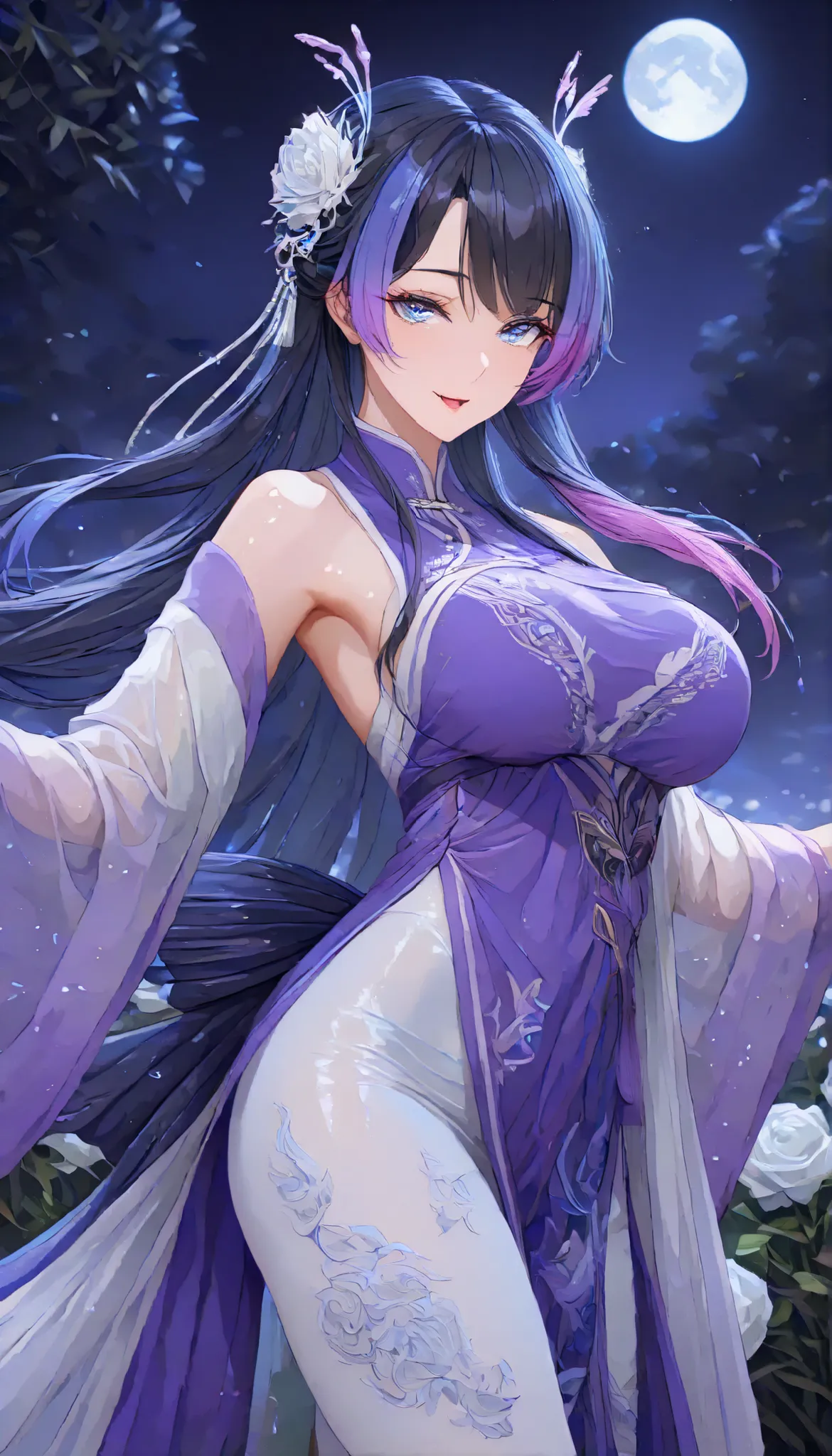 SOLO, A Butterfly Female ,slim body ,Medium oppai, Shiny skin, (multicolored hair, long hair), A pair of Butterfly antennae,blue eyes,Wearing A Purple Vibrant Chinese Hanfu with Butterfly characteristics(Sleeveless Cheongsam type),White Silk pantyhose, In ...
