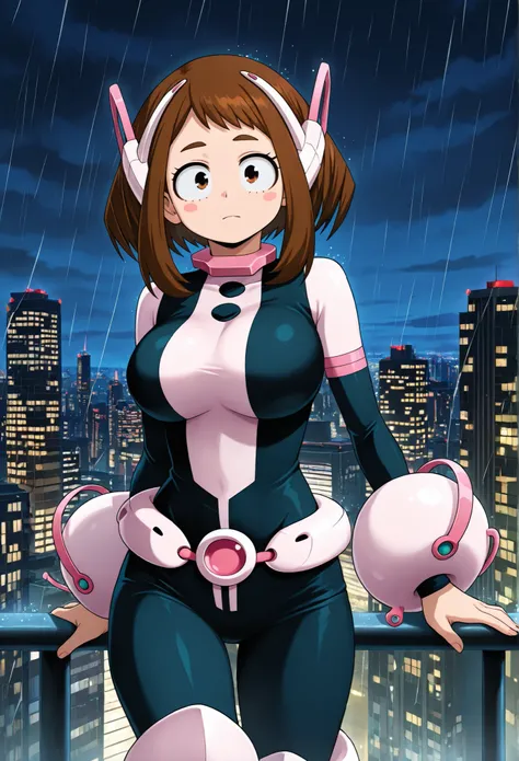 official style, anime screencap, uraraka ochako, 1girl, brown hair, brown eyes, solo, superhero, hero bodysuit, pink wrist guards, closed mouth, contrapposto, extra large breasts, (F65), looking at viewer, Sexy style, Standing on the roof of a skyscraper, ...