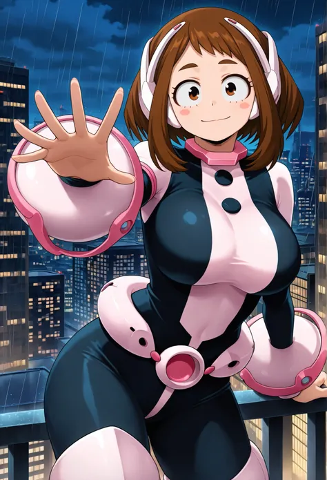 official style, anime screencap, uraraka ochako, 1girl, brown hair, brown eyes, solo, superhero, hero bodysuit, pink wrist guards, closed mouth, contrapposto, extra large breasts, (F65), looking at viewer, Sexy style, Standing on the roof of a skyscraper, ...