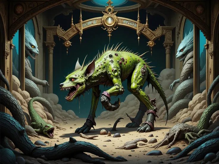 bone and glass amd blood made hyena with a lizard's tail and human feet with massive claws, green pus-covered skin , thousands of eyes cover its body , in a desert, ultra-saturated colors