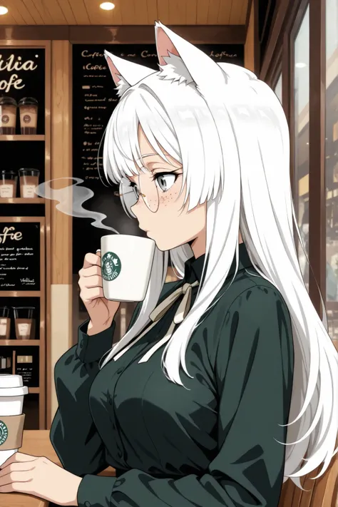 half profile, girl drinking coffee in a coffee shop, coffee away from mouth, adult face, white cat ears, white hair, long hair, hair black ribbon, blueish grey eyes, long cat ears, volumous hair, best quality, highest quality, professional drawing, anime s...