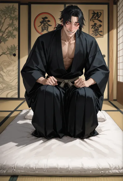 !solo, (((detailed face))) High quality, anime style, semi realism, 18 year old, guy bishounen (photorealism:1.2), ((Handsome)) japanese man, ((big slanted eyes in black)), red eyeliner, round face, (Japanese nose), (low cut in ponytail) black hair, smilin...