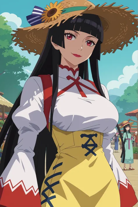 score_7_up, anime screencap,
 RoryMercury,
1girl, closed mouth, light smile,
long hair, black hair, red eyes, hime cut, blunt bangs, lipstick, Conical Straw Hat,
over shoulder, Big breasts, vietnamese dress, pants, long sleeves, 
solo, cowboy shot, Boutdoo...