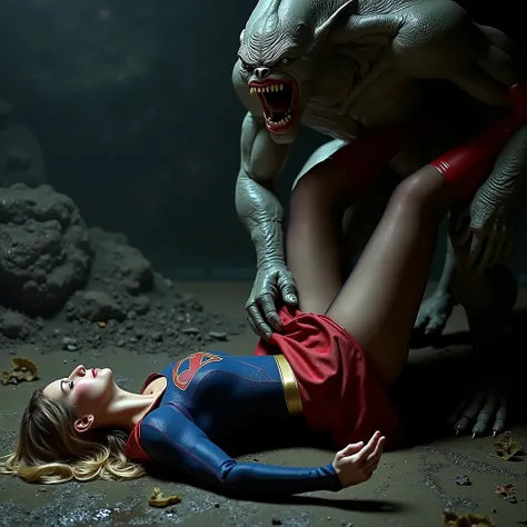 Supergirl is raped by an alien monster, very bright white skin, her legs are wide out, can see whole body, She is wearing a thin black pantyhose, short red skirt, red knee height long boots, blonde hair, She is unconscious, eyes close, seriously injured, p...