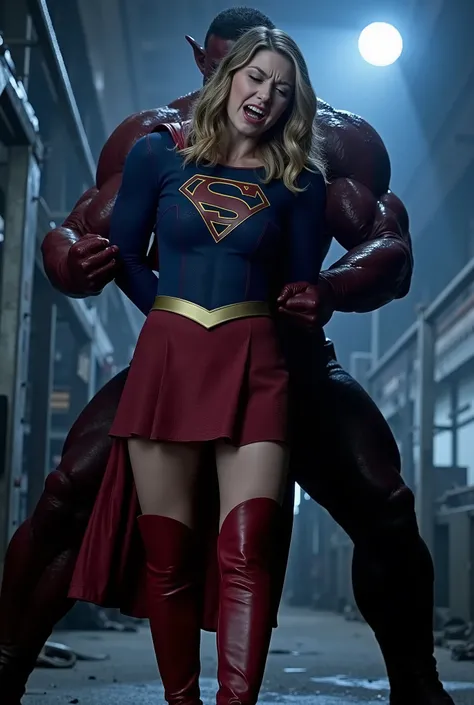 Melissa Benoist as Supergirl, (a very short skirt), she is nervous, arms behind her back, wearing a Supergirl costume, blue shirt and red short skirt, red high boots, she is sexual assaulted from behind by a huge devil, ((painful face)), (Supergirl is scre...