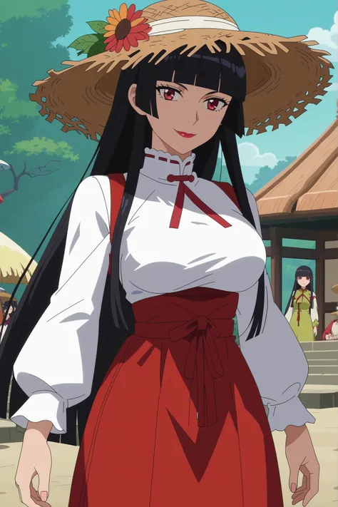 score_7_up, anime screencap,
 RoryMercury,
1girl, closed mouth, light smile,
long hair, black hair, red eyes, hime cut, blunt bangs, lipstick, Conical Straw Hat,
over shoulder, Big breasts, vietnamese dress, pants, long sleeves, 
solo, cowboy shot, Boutdoo...