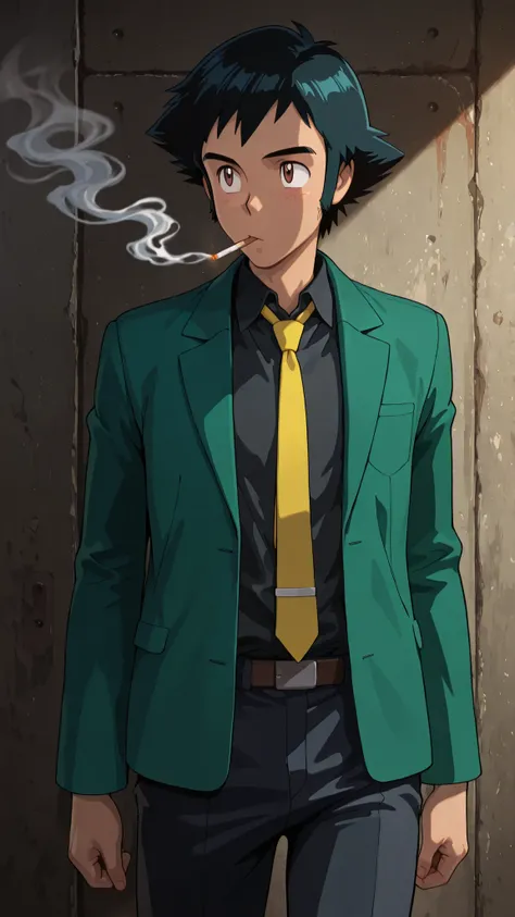 masterpiece, amazing quality, best quality, ultra-detailed, 8K, illustration, clear skin, ultra-detailed-eyes, soft skin, very awa, very as2, shiny skin, shiny hair, soft body, 90's style, official art, ashxyz, 1boy, male focus, solo, brown eyes, black hai...