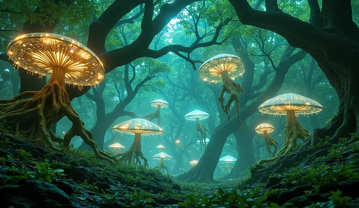 forest spirits with cybernetic enhancements, ancient lush enchanted forest bathed in mist, defending their realm against futuristic invaders, merging ancient magic with high-tech innovations, dense trees with bioluminescent leaves, glowing mushrooms, hover...