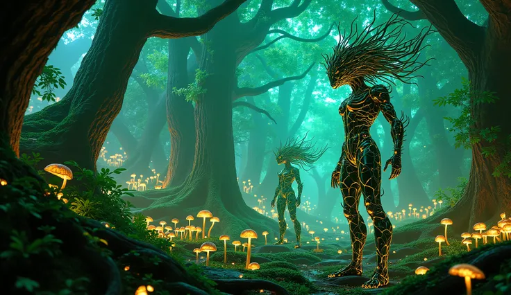 Forest spirits with cybernetic enhancements standing in an ancient enchanted forest, mist swirling around dense bioluminescent trees, glowing mushrooms at their feet, spirits with armor blending vines and metal, ethereal soft glow lighting, shimmering beam...