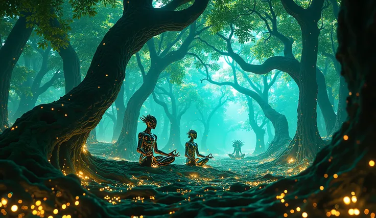 A serene yet powerful depiction of cybernetic-enhanced spirits meditating under floating roots in an enchanted misty forest, glowing bioluminescent leaves gently falling, ethereal lighting with shimmering beams, magical and futuristic elements harmonizing,...