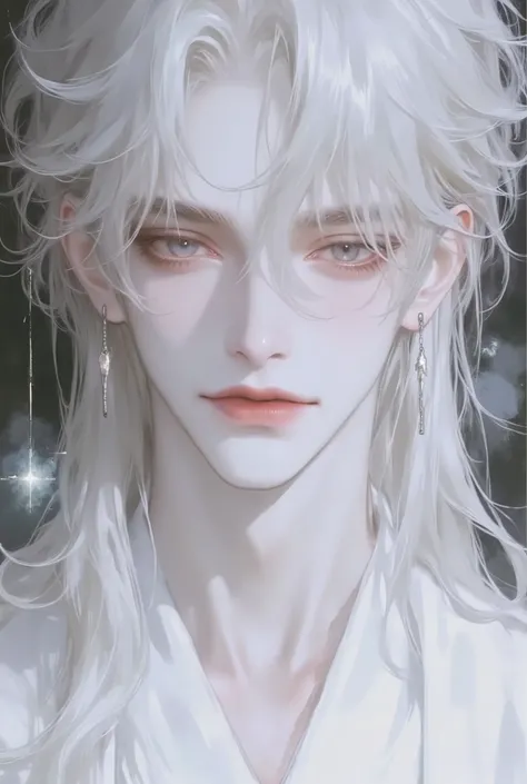 1 male, black eyes, cold and sharp eyes, semi-transparent and shimmering in a deep white hue, reflects light in an eerie and mysterious way, white and long messy hair, parted long bangs, orientalistic, japanese historical theme, white male kimomo layer by ...