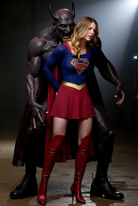 Melissa Benoist as Supergirl, (a very short skirt), she is nervous, arms behind her back, wearing a Supergirl costume, blue shirt and red short skirt, red high boots, she is sexual assaulted from behind by a huge devil, ((painful face)), (Supergirl is scre...