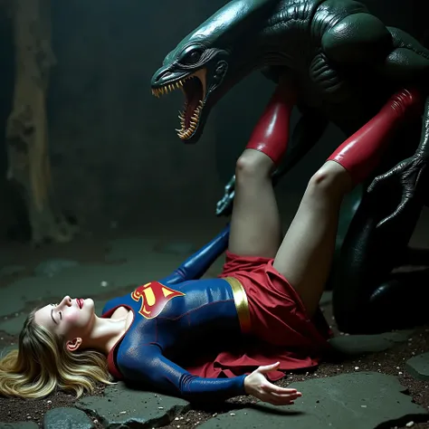 Supergirl is raped by an alien monster, very bright white skin, her legs are wide out, can see whole body, She is wearing a thin black pantyhose, short red skirt, red knee height long boots, blonde hair, She is unconscious, eyes close, seriously injured, p...