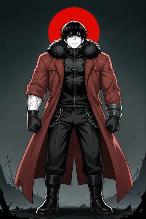 bates is a tall and very large Man with White Skin and Red Messy Hair,Black Eyes with His Red Pupils Glowing. Clothing:Red Long Coat Open To Expose His Muscles,Grey lining and a fur collar in his coat,Black Leather Gloves with Black Fur in his WristsBlack ...