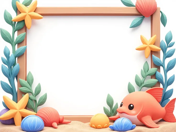 "Illustration in a frame style with an empty center. and drawn flatly with soft pastel tones, Cute ocean-themed objects should be placed around the frame.  fish , shellfish, starfish, Various marine life and natural elements such as seaweed should surround...