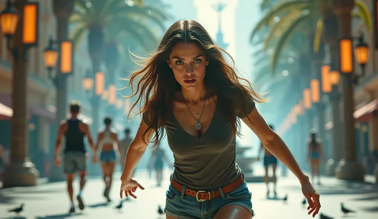 Exceptionally beautiful woman, model with long flowing hair dark brown hair and green eyes and European features. Earthquake, She stumbles and catches herself from falling to the ground, through a Los Vegas square, dress in blue jeans shorts, dark brown be...