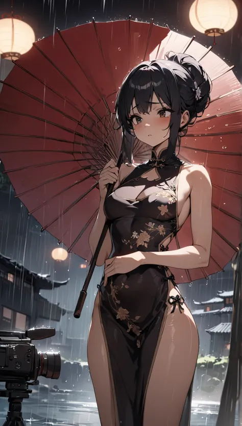 rain,  with a sad expression, A Chinese woman wearing a black embroidered cheongsam , Holding an oil-paper umbrella,  standing in a Chinese garden , From the side, Wide Angle, contrast between light and dark, movie lights, ultra-high definition, Retina,  m...