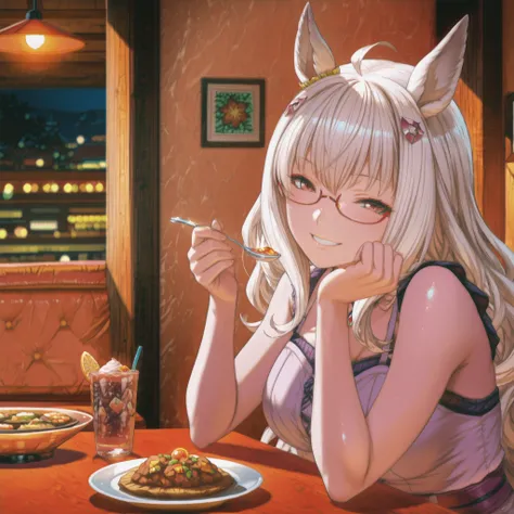 Biwa Hayahide (Uma Musume), yabuki, casual outfit, sitting across the table in a cozy restaurant, holding a spoon with food, offering it directly to the viewer with a bright smile, warm lighting, romantic atmosphere, detailed table setting with plates and ...