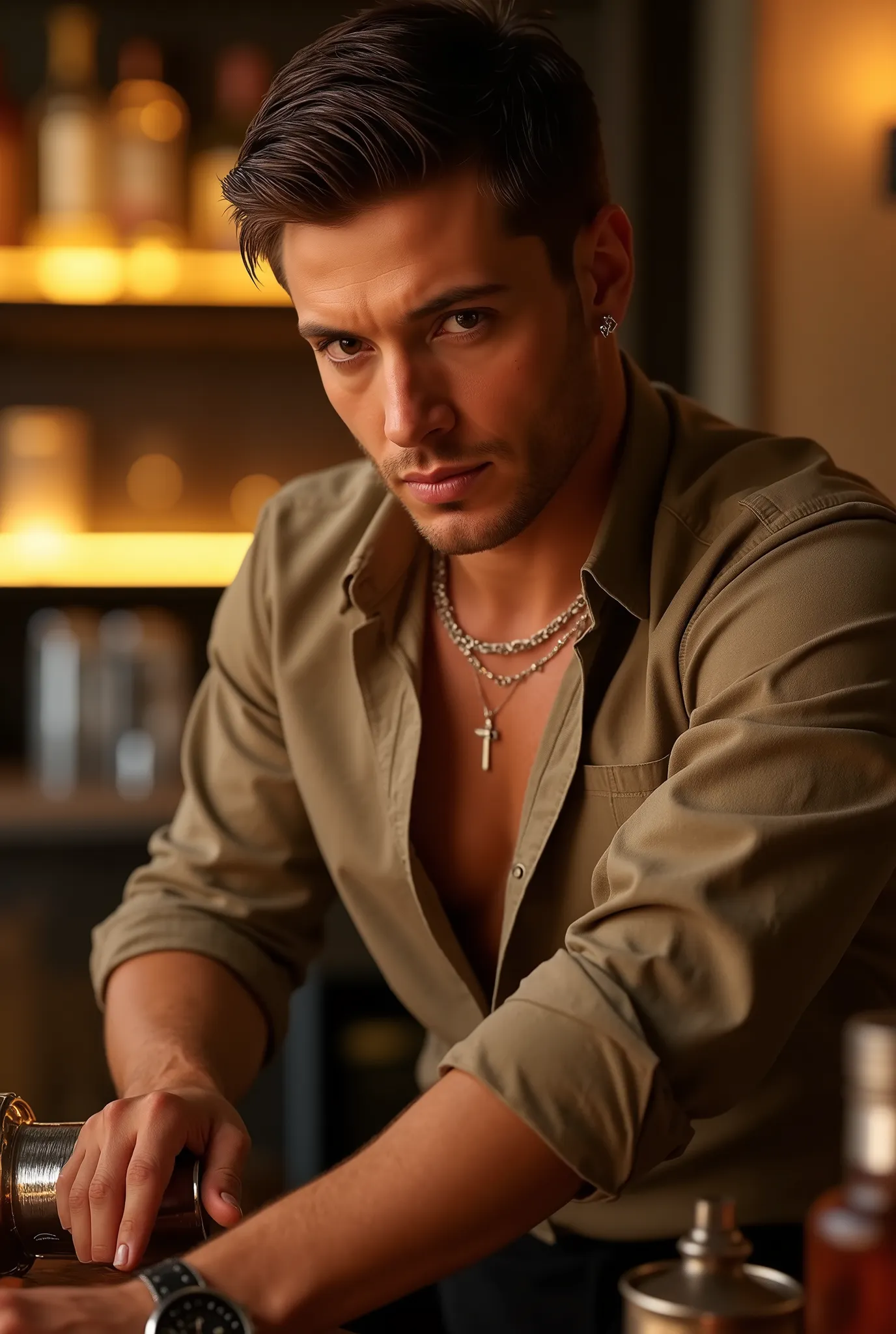 No beard, No stubble. The khaki linen shirt is rolled up to the forearm, revealing the lean muscle lines of Pilates training, and the silver chain of Dior Homme 2024 Early Spring Collection is faintly visible at the collar. On his left wrist is a Patek Phi...