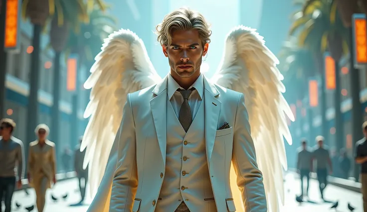 Handsome Male angel, light blue eyes, European features, white large feathery wings, adorn in a white suite and white cloak over his head, stares intensely with a plain look on his face, glowing light all around him, through a Los Vegas square, people fall...