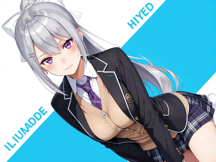 best quality, amazing quality, highres, absurdres, very aesthetic, high resolution, ultra detailed, perfect details,nijikaede,purple eye,grey hair,long eyelashes,long hair,ponytail,white bow,hair pin,nijikaedecos,white shirt,purple necktie,plaid necktie,br...