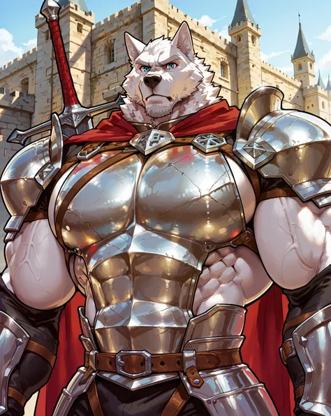 masterpiece, best quality, amazing quality, correct anatomy, absurdres, intricate details, high resolution, hyper-detailed, 1male, ((solo)), male,
((wolf)), white fur, blue eyes, short white beard,
((massive size difference)), ((10 feet tall)), muscle, ma...