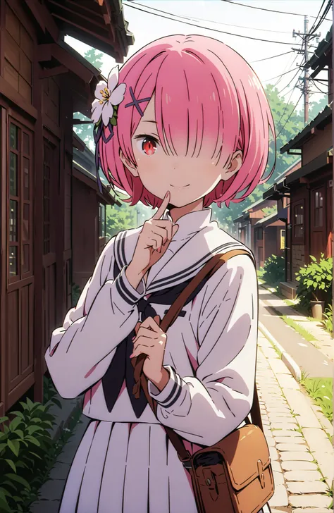 score_9, score_8_up, score_7_up, source_anime,Ram, hair flower, hair ornament, Hair on one eye, pink hair, Red Eyes, short hair, x hair ornament,smile,,close your mouth,white sailor suit,long sleeve, Black Mini Pleated Skirt , White Thigh High Socks,loafer...