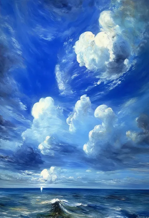 how impressive, very big moon、Big waves with water splashes、and dramatic clouds、blue spreading all over and、exquisite contrast of light、Light reaching the seabed、glass bottle sinking into the deep sea、shining in the light、Deep sea world、/ by John Constable...