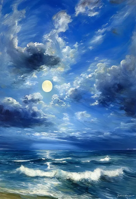 how impressive, very big moon、Big waves with water splashes、and dramatic clouds、blue spreading all over and、exquisite contrast of light、Light reaching the seabed、glass bottle sinking into the deep sea、shining in the light、Deep sea world、/ by John Constable...