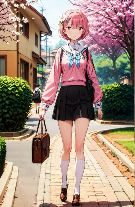 score_9, score_8_up, score_7_up, source_anime,Ram, hair flower, hair ornament, Hair on one eye, pink hair, Red Eyes, short hair, x hair ornament,smile,,close your mouth,white sailor suit,long sleeve, Black Mini Pleated Skirt , White Thigh High Socks,loafer...