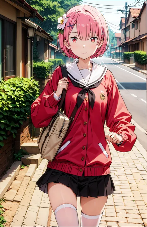 score_9, score_8_up, score_7_up, source_anime,Ram, hair flower, hair ornament, Hair on one eye, pink hair, Red Eyes, short hair, x hair ornament,smile,,close your mouth,white sailor suit,long sleeve, Black Mini Pleated Skirt , White Thigh High Socks,loafer...