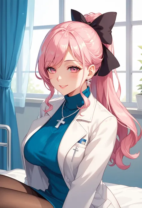 score_9, score_8, score_7, source_   Animated, 1mature_FE, Only 1 woman , smile,  pink hair,  long hair shaped like a ponytail , black hair bow  ,   bright pink eyes  , Apollo blue sweater  ,   Long sweater  , silver cross necklace  , doctor's white coat ,  black lace tights,  focus on the face of a hospital room, cuerpos perFEctos,  erotic anatomy , anatomía perFEcta, Piernas perFEctas, Postura perFEcta, ambient light.