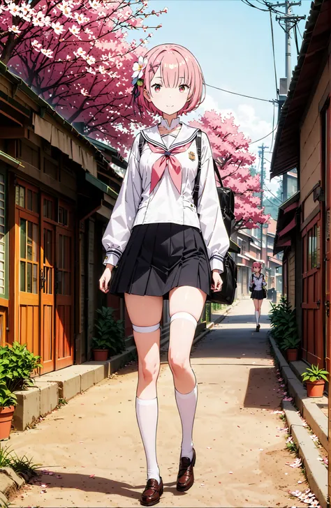 score_9, score_8_up, score_7_up, source_anime,Ram, hair flower, hair ornament, Hair on one eye, pink hair, Red Eyes, short hair, x hair ornament,smile,,close your mouth,white sailor suit,long sleeve, Black Mini Pleated Skirt , White Thigh High Socks,loafer...