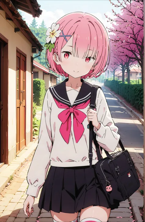 score_9, score_8_up, score_7_up, source_anime,Ram, hair flower, hair ornament, Hair on one eye, pink hair, Red Eyes, short hair, x hair ornament,smile,blush, shut your mouth,Black Sailor Suit,long sleeve, Black Mini Pleated Skirt ,white thigh high socks,lo...