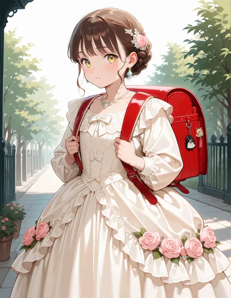 Masterpiece, hd, best quality, solo, yellow eyes, there is a girl standing in a dress, wearing pink floral dress, victorian dress, luxury dress, beautiful white, brown hair, wearing a white dress, dressed in a white dress, small girl, Traditional Attire, b...