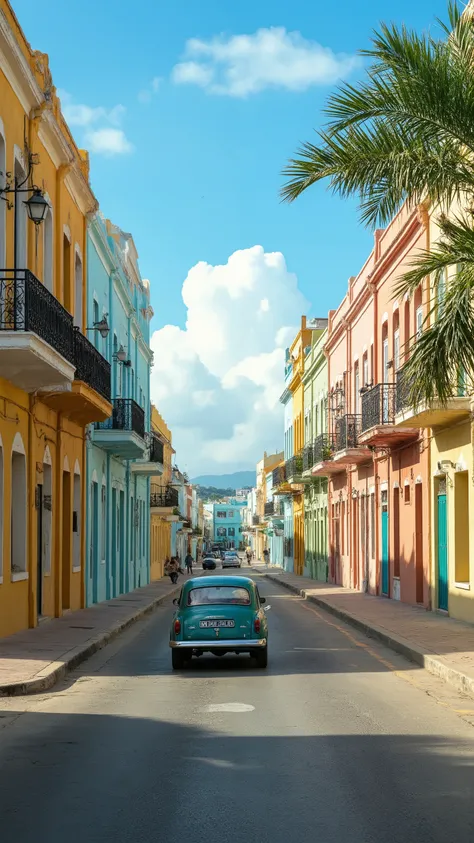 masterpiece、Highest quality images、Cuban Cityscapes、 Colorful houses々Classic Cars Driving on the Road Between Buildings、Clear Skies and Light Clouds、Cheerful Afternoon in the Caribbean、 Detailed Bahamian Streetscapes、Views of the cityscape、nature。遠くに海が視える...