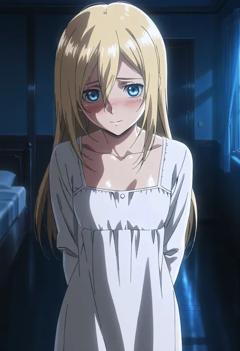 anime screencap,8k, absurd res, 1girl, solo, looking at viewer,long hair, hair betweeen eyes,blonde hair,bangs,blue eyes,white dress,indoors,bedroom, cinematic lighting, detailed background,christa_renz,cow boy shot,embarrassed ,shiny skin,at night,small b...