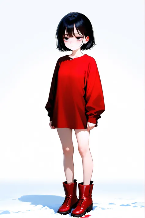 Short girl, red mini shirt, red short, red boot's, black short hair, cold looking eyes, standing still, looking at, solid white background, solid clear white floor