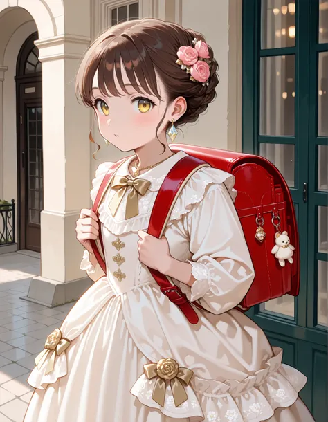 Masterpiece, hd, best quality, solo, yellow eyes, there is a girl standing in a dress, wearing pink floral dress, victorian dress, luxury dress, beautiful white, brown hair, wearing a white dress, dressed in a white dress, small girl, Traditional Attire, b...