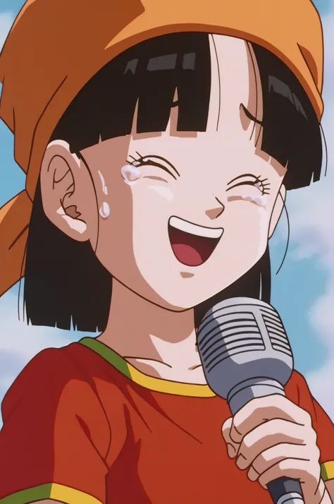 source_anime, score_9, score_8_up, score_7_up, anime screencap, absurdres, high quality,
pan \(dragon ball\), dragon ball gt, 1 girl, alone, looking at viewer, smile, short hair, bangs, black hair, collarbone, upper body, gold trim, short sleeves, sky, day...
