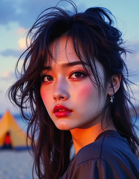 Detailed Illustration. She has an edgy look with round eyes and down-turned lips. Illustration of Asian woman with long textured hair, glamorous mascara and lip gloss with red-pink makeup, sunny summer evening, tent, seaside setting with bonfire. Diffused ...