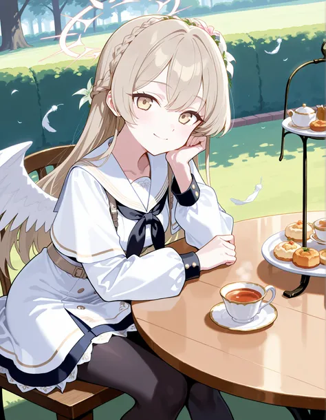 Masterpiece, hd, best quality, kirifuji nagisa, nagisa (blue archive), blue archive, smile, light brown eyes, sailor collar, white dress, long sleeves, neckerchief, black pantyhose, capelet, halo,shiny halo, long hair, light brown hair, flower hair ornamen...