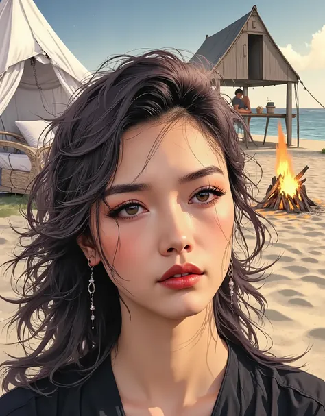 Detailed Illustration. She has an edgy look with round eyes and down-turned lips. Illustration of Asian woman with long textured hair, glamorous mascara and lip gloss with red-pink makeup, sunny summer evening, tent, seaside setting with bonfire. Diffused ...