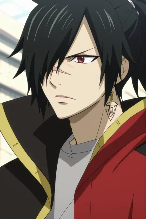 Rogue cheney rogue_cheney, black hair, red eyes, hair over one eye, scar tattoo ponytail close-up, official style, anime screencap, 8K, extremely detailed, 1boy, solo