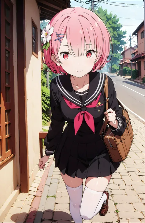 score_9, score_8_up, score_7_up, source_anime,Ram, hair flower, hair ornament, Hair on one eye, pink hair, Red Eyes, short hair, x hair ornament,smile,blush, shut your mouth,Black Sailor Suit,long sleeve, Black Mini Pleated Skirt ,white thigh high socks,lo...