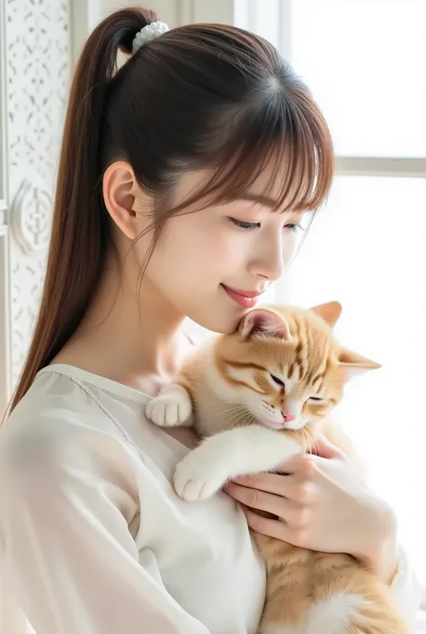 Create a photo collection featuring a beautiful Japanese idol girl with fair skin. She has long straight hair styled in a ponytail with bangs. Dressed in a pure white dress, she is in a bright, white room with white lattice windows. The girl is gently hold...