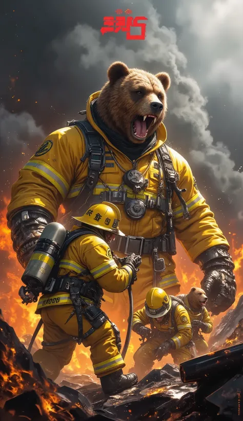 Bear Firefighters 
Vertical photorealistic scene showing huge bears wearing bright yellow firefighter uniforms, Smoky, chaotic background.

