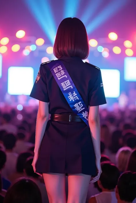 Create a portrait of a stunning Japanese female singer with a slim figure, medium bust, and slender legs. She has medium-length hair and is dressed in a Japanese police uniform, acting as a "one-day police chief," with a sash that reads "一日警察署長" (One-Day P...